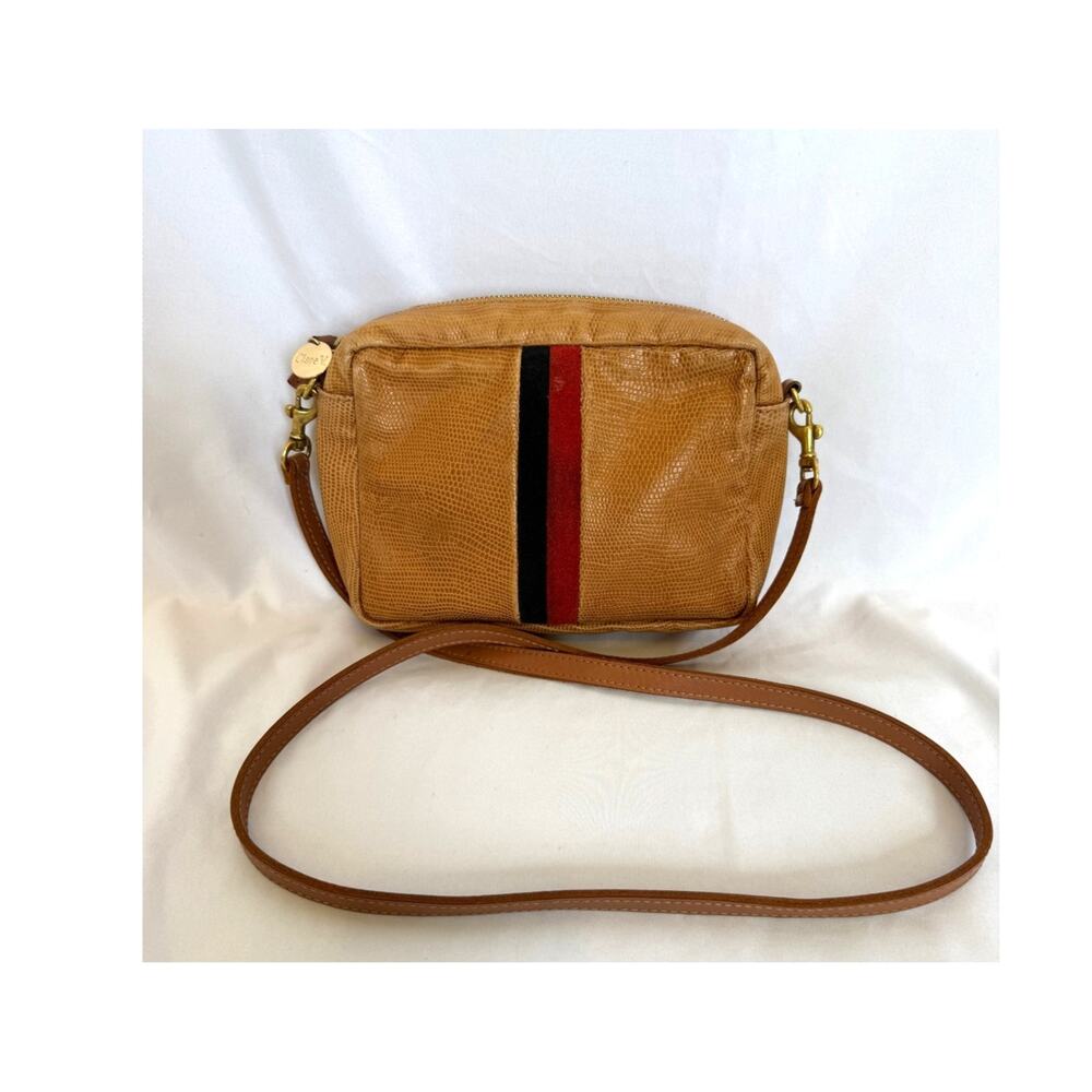 Clare V Tan Lizard Leather Midi Sac Crossbody Bag with Suede Red and Navy Stripe